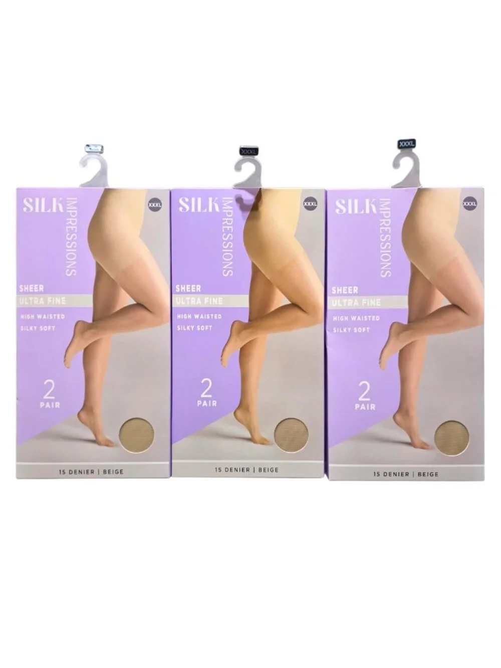 3 PK Silk Impressions Women's Pantyhose Fine Sheer 15 Denier Size XXXL Beige